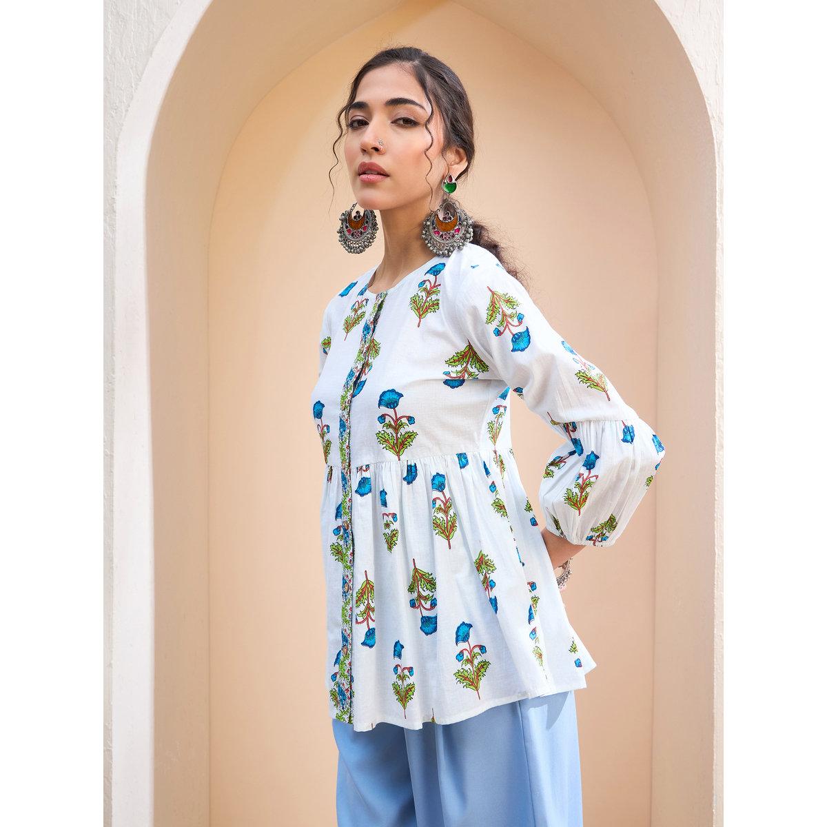 Sassafras White Floral Wood Buttoned Gathered Kurti-women-clothing-ethnicwear-kurtas-image-3