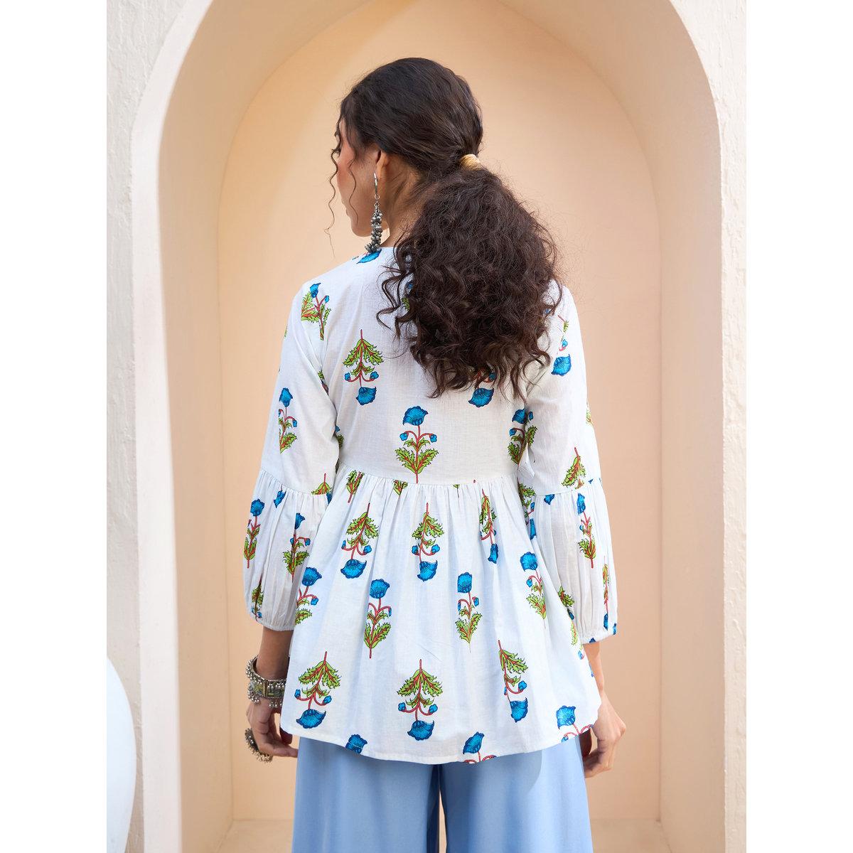 Sassafras White Floral Wood Buttoned Gathered Kurti-women-clothing-ethnicwear-kurtas-image-5