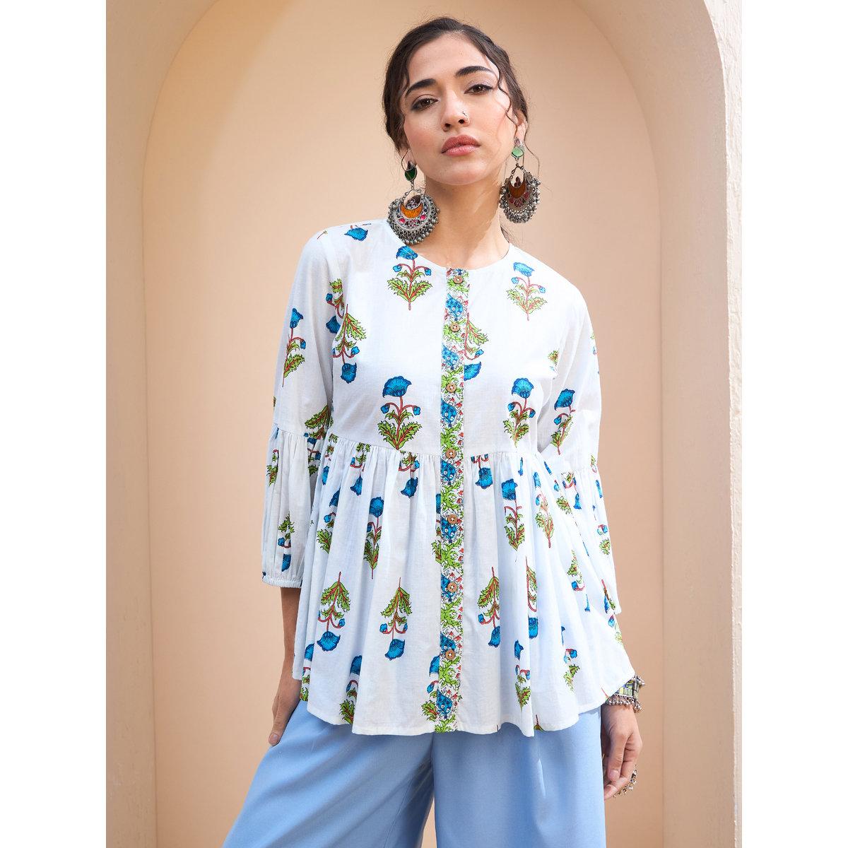 Sassafras White Floral Wood Buttoned Gathered Kurti-women-clothing-ethnicwear-kurtas-image-6
