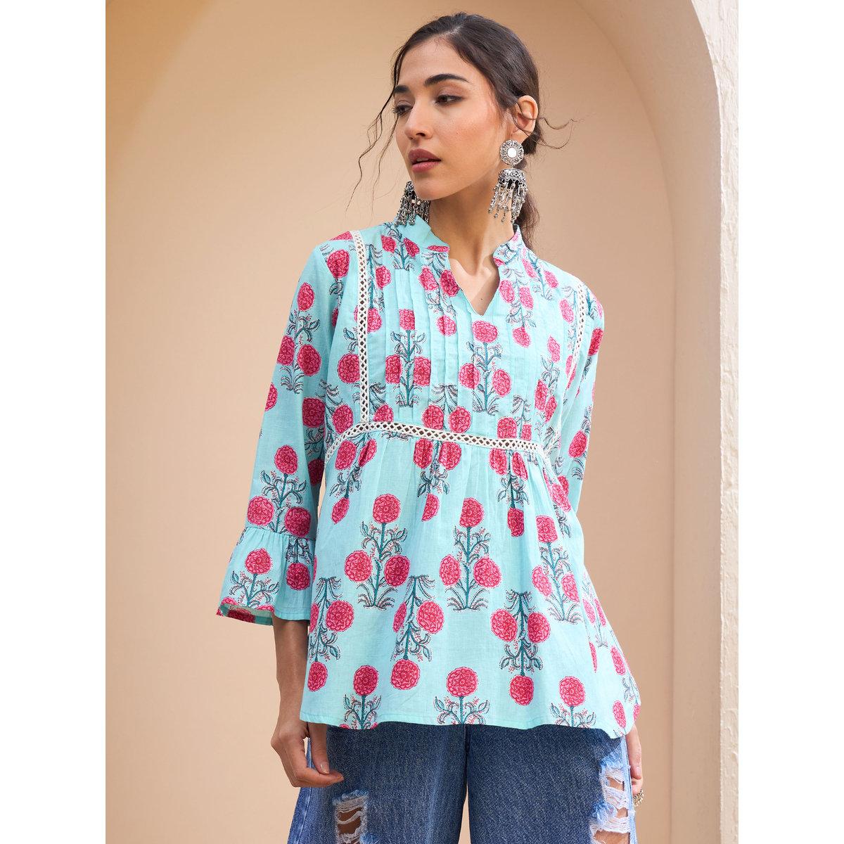Sassafras Blue Floral Front Pintuck Kurti-women-clothing-ethnicwear-kurtas-image-1