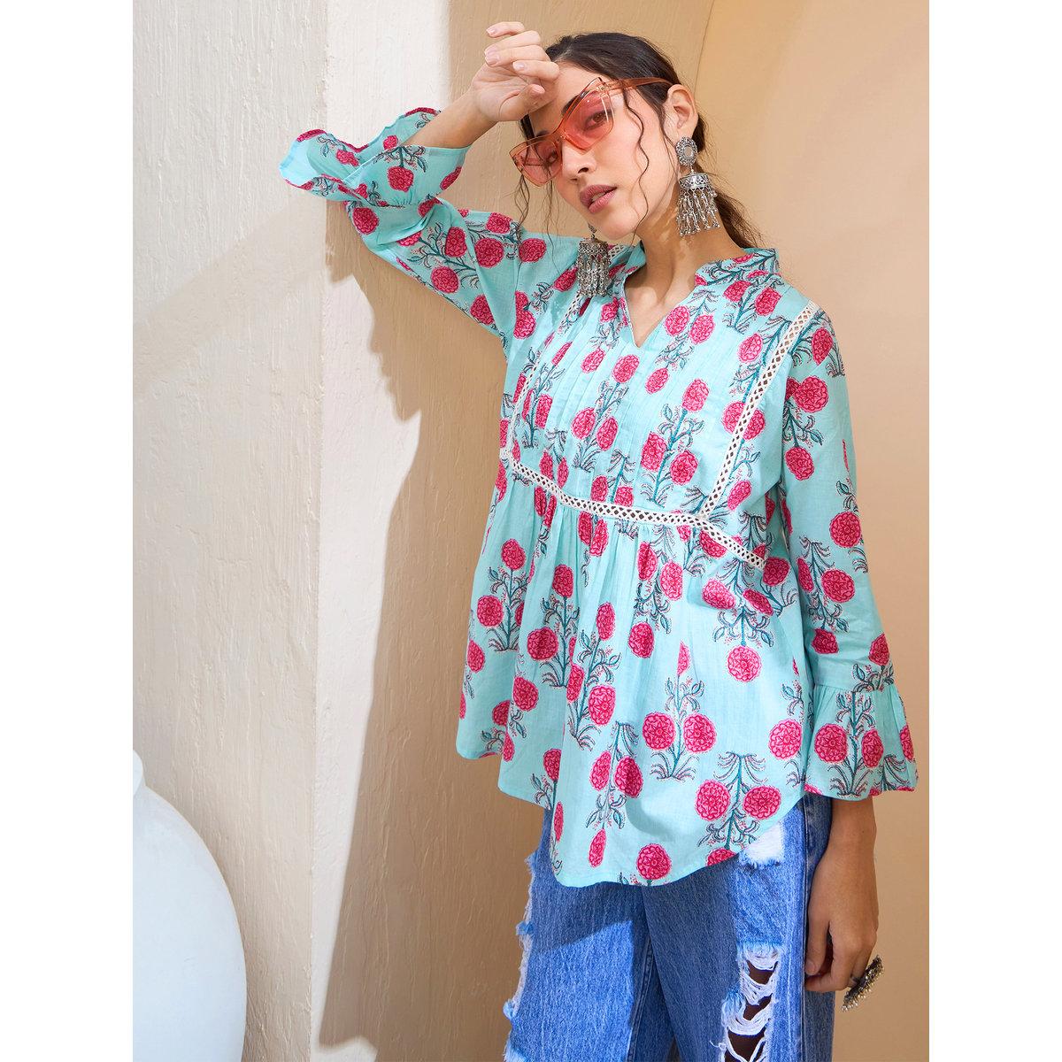 Sassafras Blue Floral Front Pintuck Kurti-women-clothing-ethnicwear-kurtas-image-2