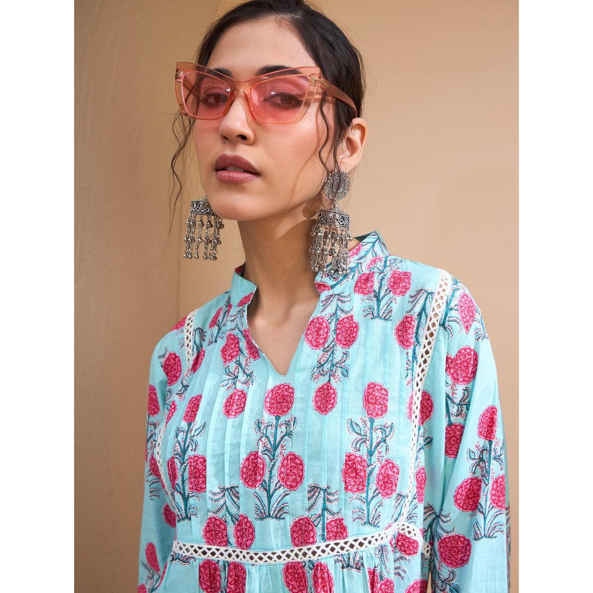 Sassafras Blue Floral Front Pintuck Kurti-women-clothing-ethnicwear-kurtas-image-4