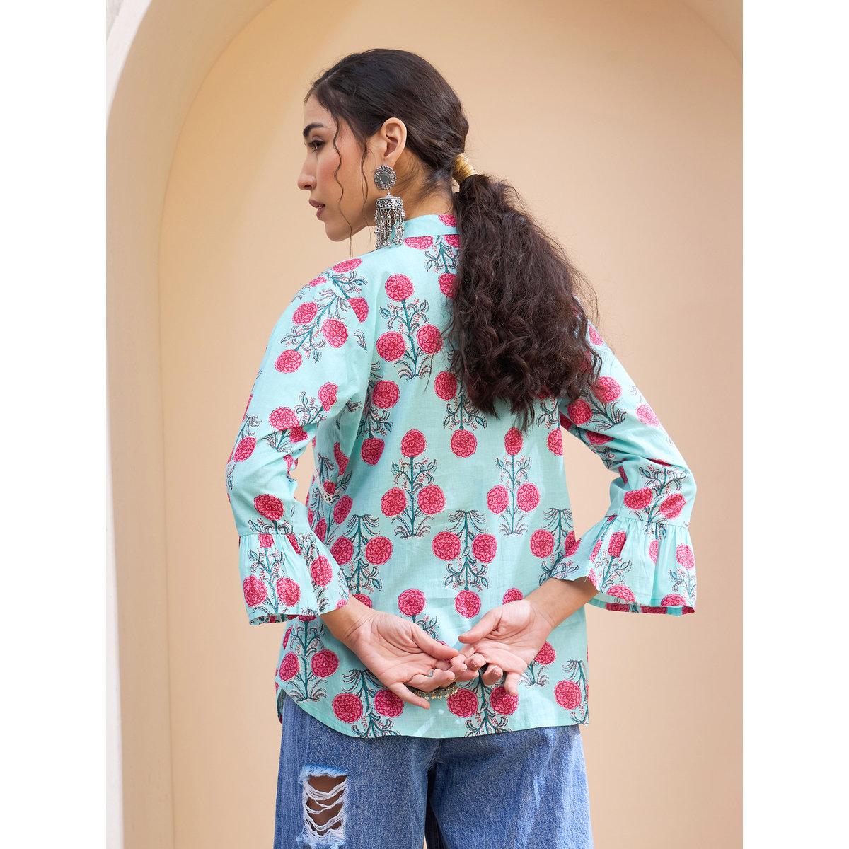 Sassafras Blue Floral Front Pintuck Kurti-women-clothing-ethnicwear-kurtas-image-5