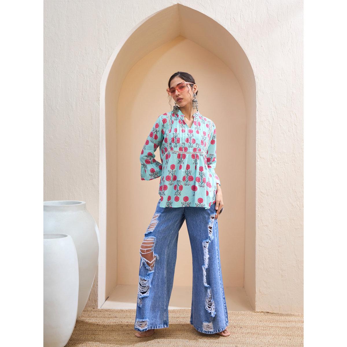 Sassafras Blue Floral Front Pintuck Kurti-women-clothing-ethnicwear-kurtas-image-6