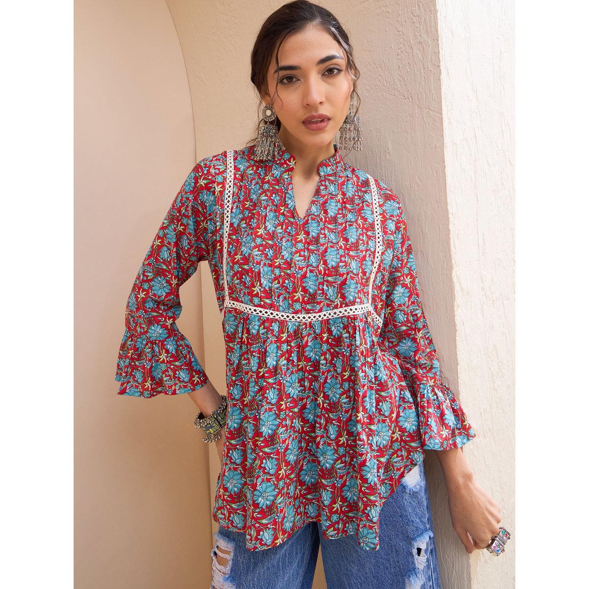 Sassafras Red Floral Front Pintuck Kurti-women-clothing-ethnicwear-kurtas-image-1