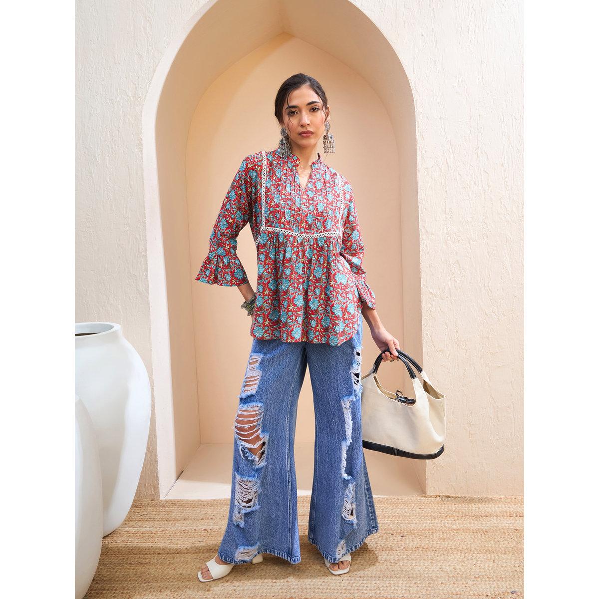 Sassafras Red Floral Front Pintuck Kurti-women-clothing-ethnicwear-kurtas-image-2