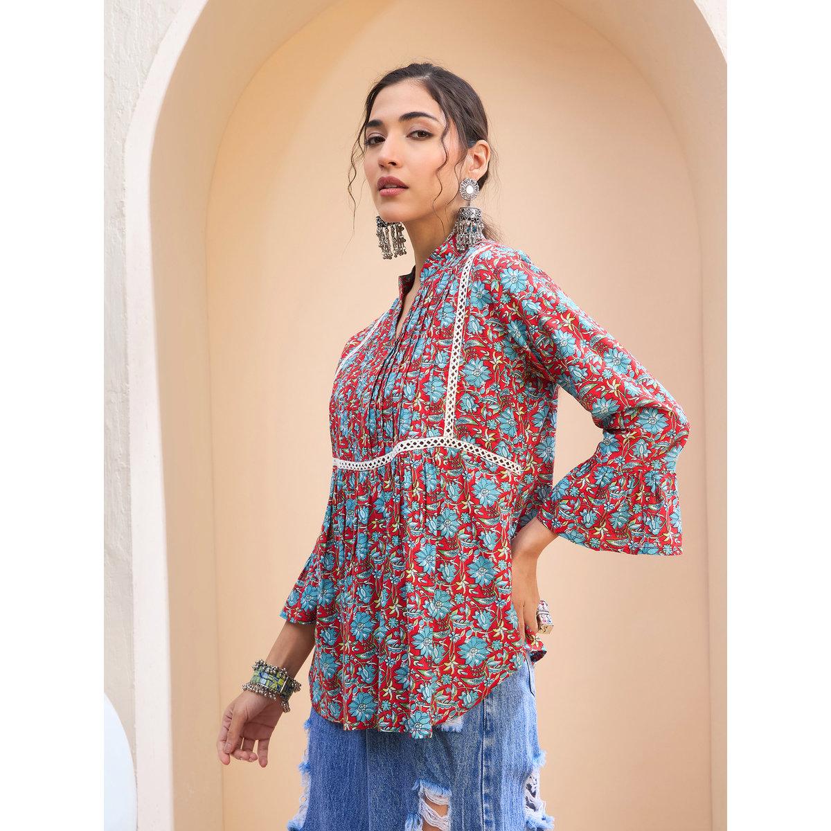 Sassafras Red Floral Front Pintuck Kurti-women-clothing-ethnicwear-kurtas-image-3