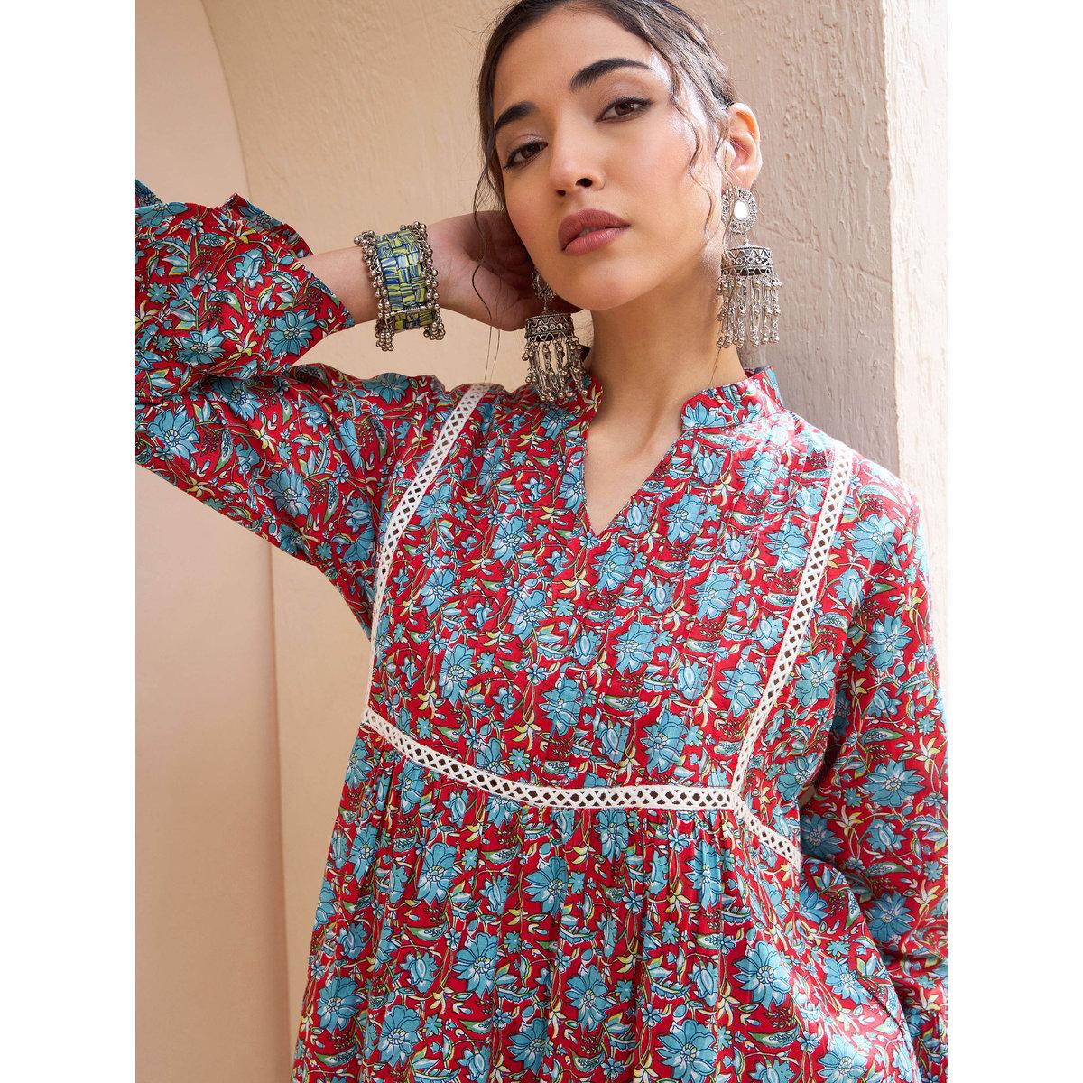 Sassafras Red Floral Front Pintuck Kurti-women-clothing-ethnicwear-kurtas-image-4