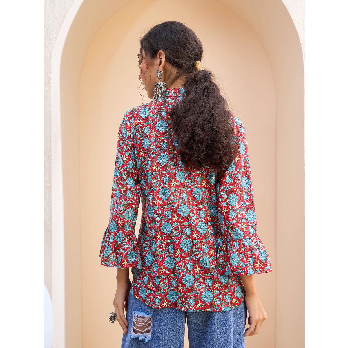 Sassafras Red Floral Front Pintuck Kurti-women-clothing-ethnicwear-kurtas-image-5