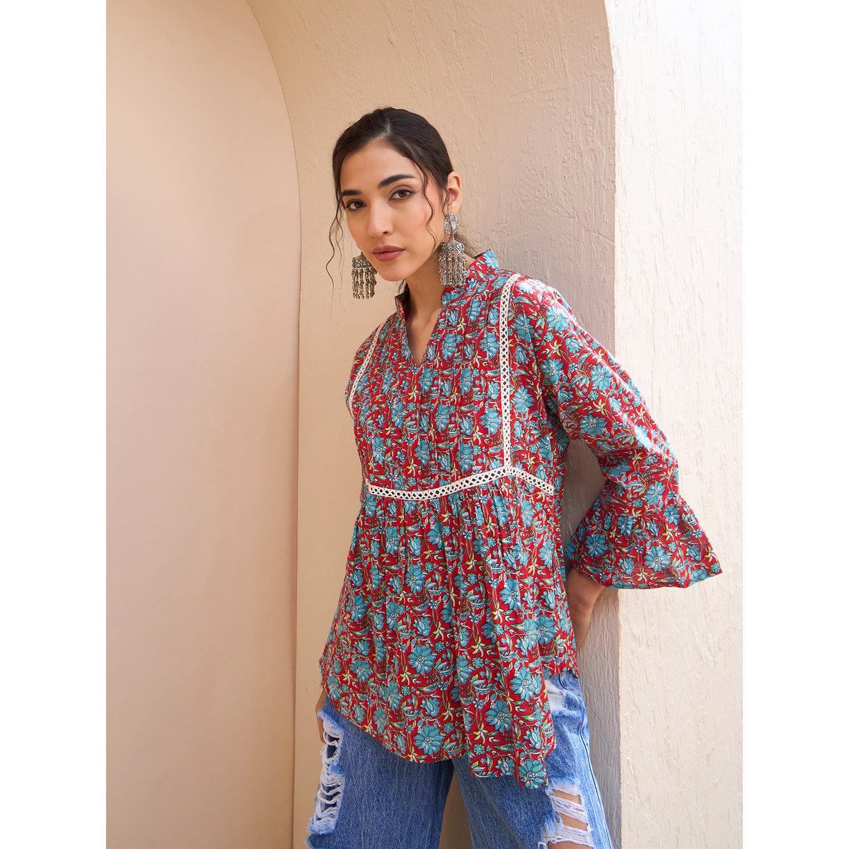 Sassafras Red Floral Front Pintuck Kurti-women-clothing-ethnicwear-kurtas-image-6