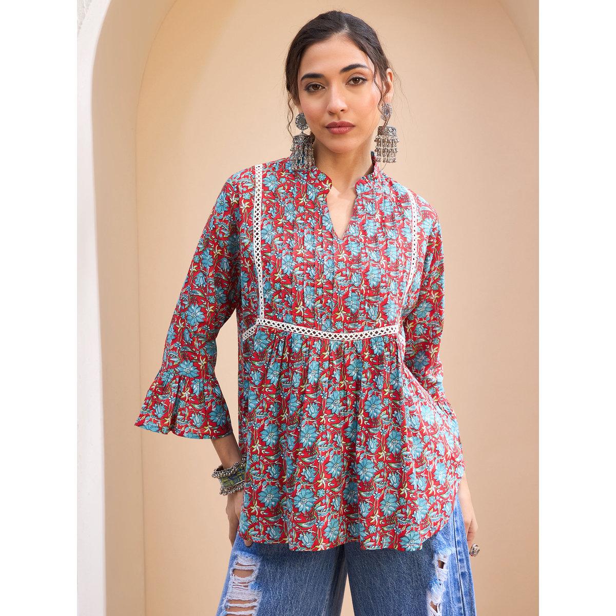 Sassafras Red Floral Front Pintuck Kurti-women-clothing-ethnicwear-kurtas-image-7