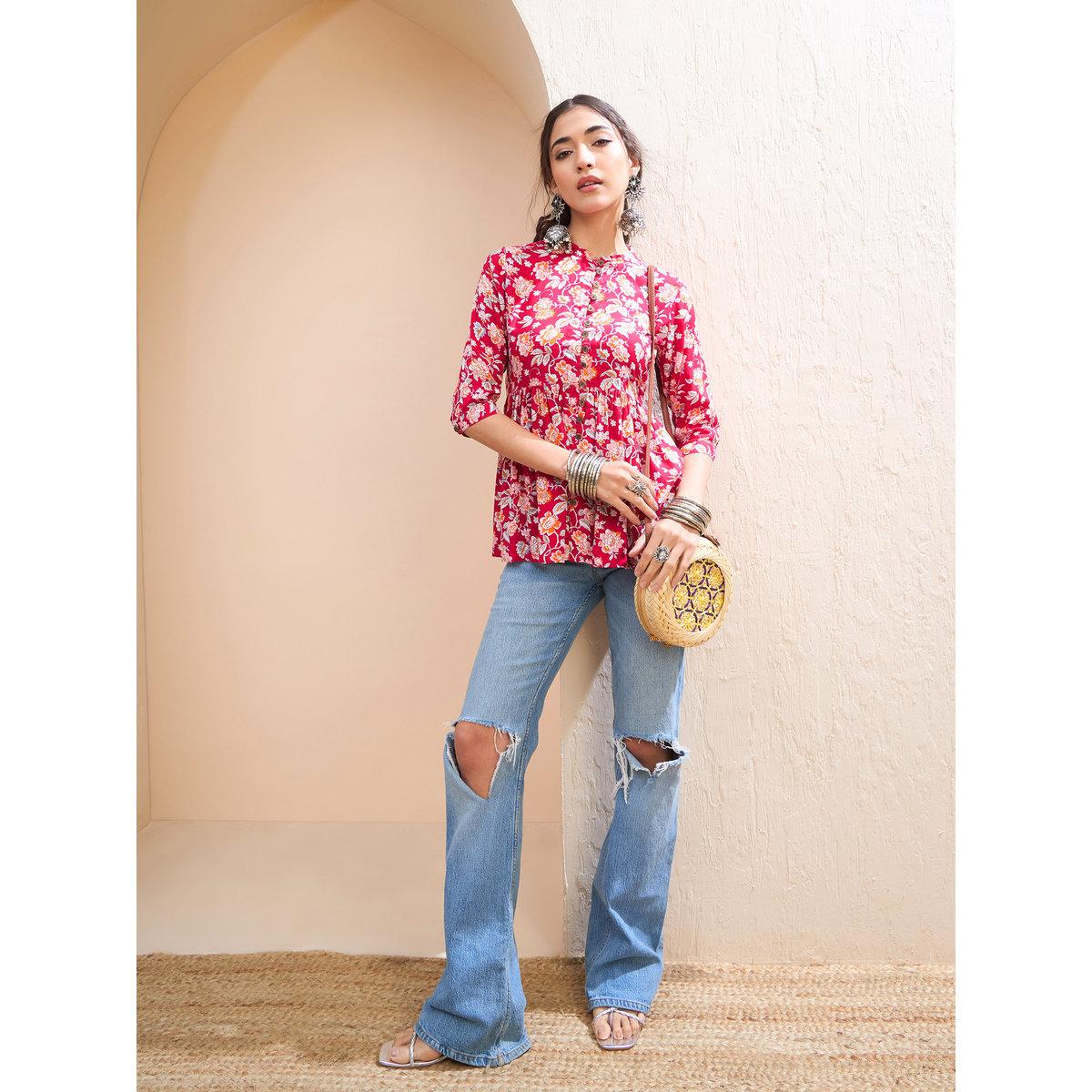 Sassafras Red Floral Buttoned Gathered Kurti-women-clothing-ethnicwear-kurtas-image-2