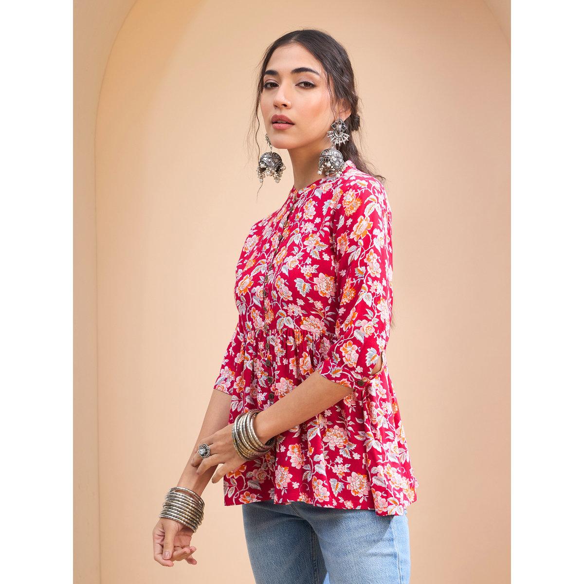 Sassafras Red Floral Buttoned Gathered Kurti-women-clothing-ethnicwear-kurtas-image-3