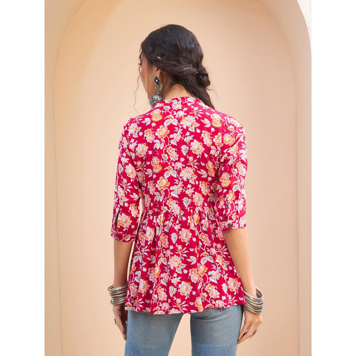 Sassafras Red Floral Buttoned Gathered Kurti-women-clothing-ethnicwear-kurtas-image-5