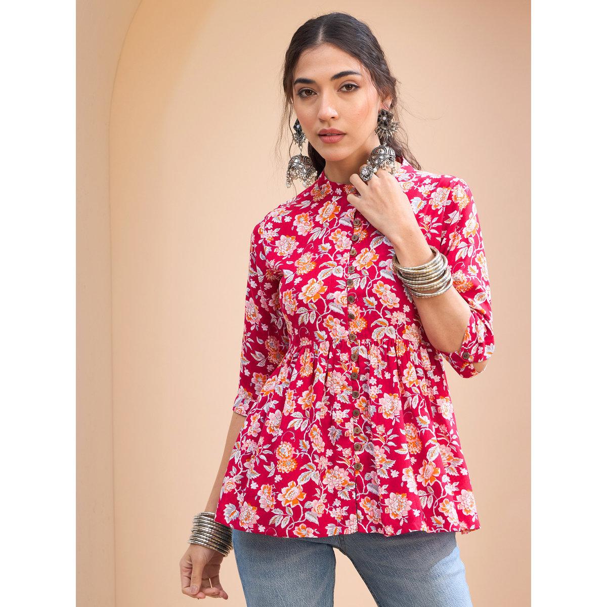 Sassafras Red Floral Buttoned Gathered Kurti-women-clothing-ethnicwear-kurtas-image-6