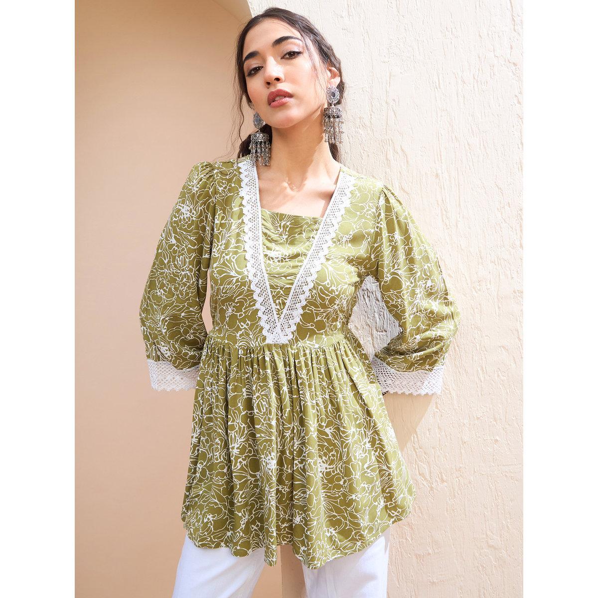 Sassafras Green Floral V Neck Peplum Kurti-women-clothing-ethnicwear-kurtas-image-1
