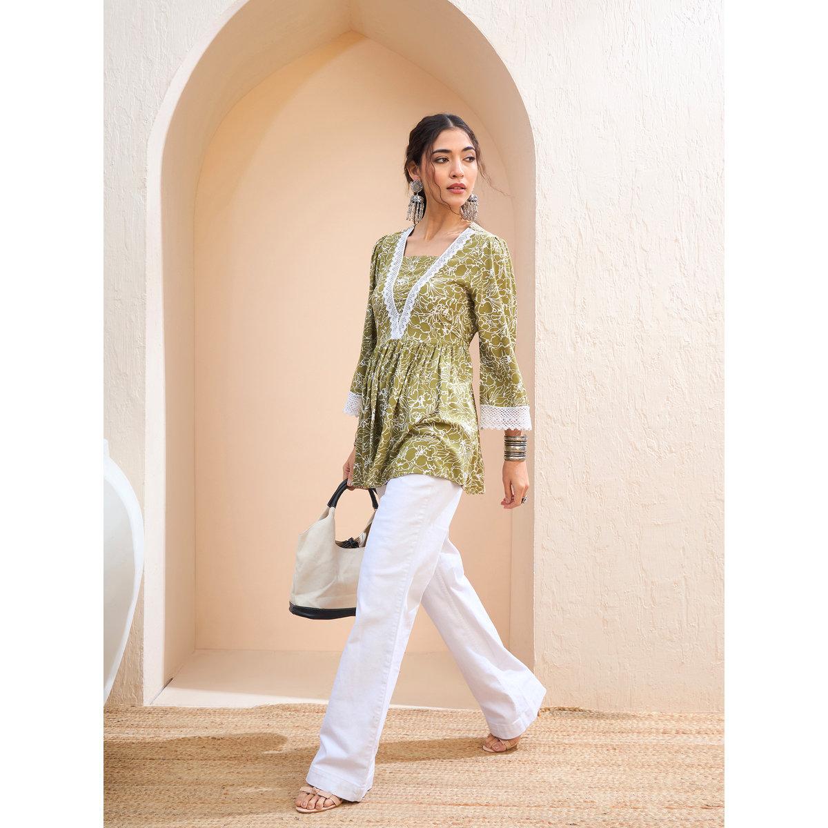 Sassafras Green Floral V Neck Peplum Kurti-women-clothing-ethnicwear-kurtas-image-2