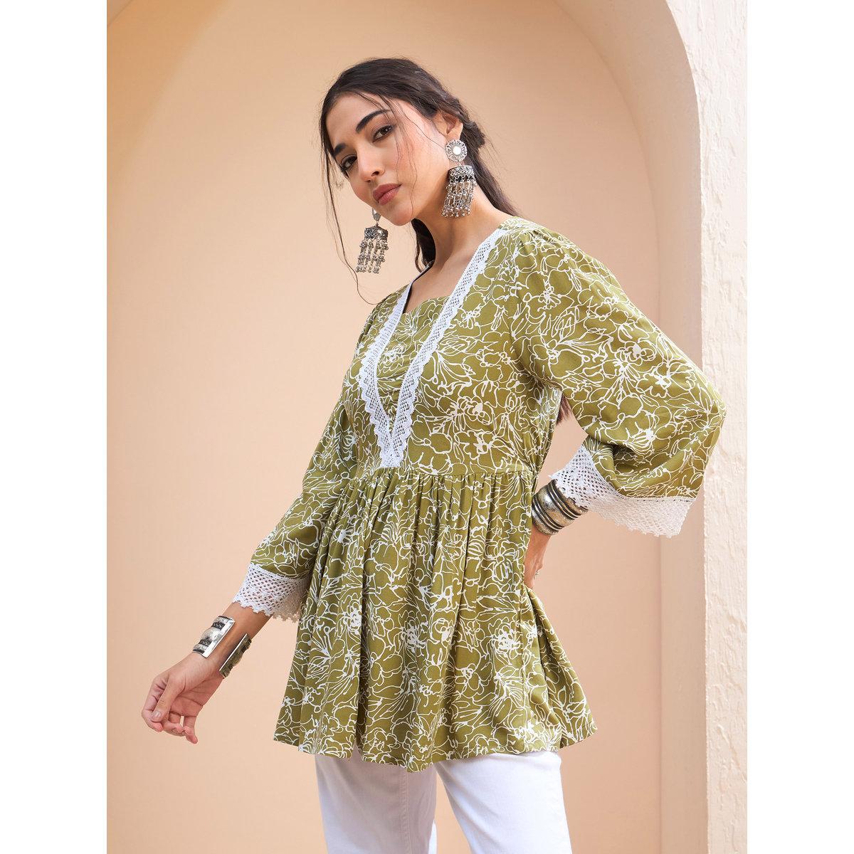 Sassafras Green Floral V Neck Peplum Kurti-women-clothing-ethnicwear-kurtas-image-3