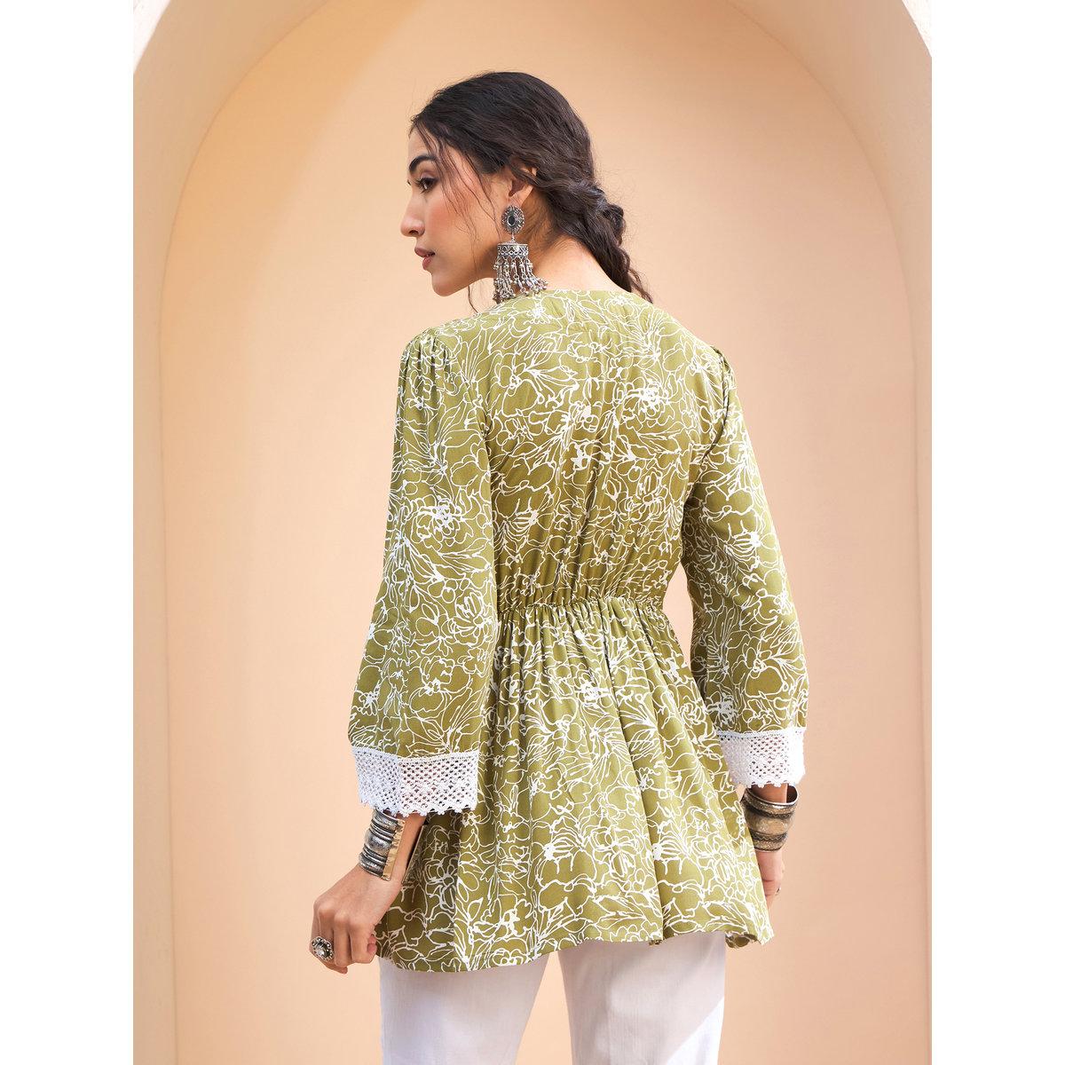 Sassafras Green Floral V Neck Peplum Kurti-women-clothing-ethnicwear-kurtas-image-5