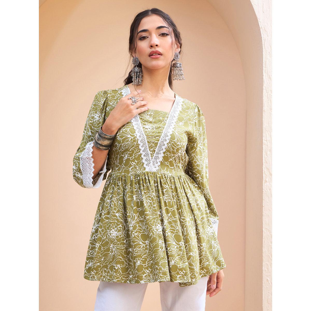 Sassafras Green Floral V Neck Peplum Kurti-women-clothing-ethnicwear-kurtas-image-6