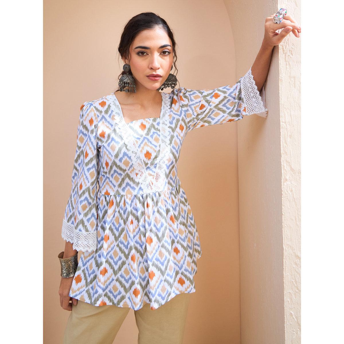 Sassafras White Geometric Print Peplum Kurti-women-clothing-ethnicwear-kurtas-image-1