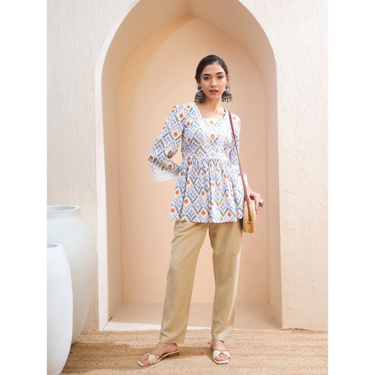 Sassafras White Geometric Print Peplum Kurti-women-clothing-ethnicwear-kurtas-image-2