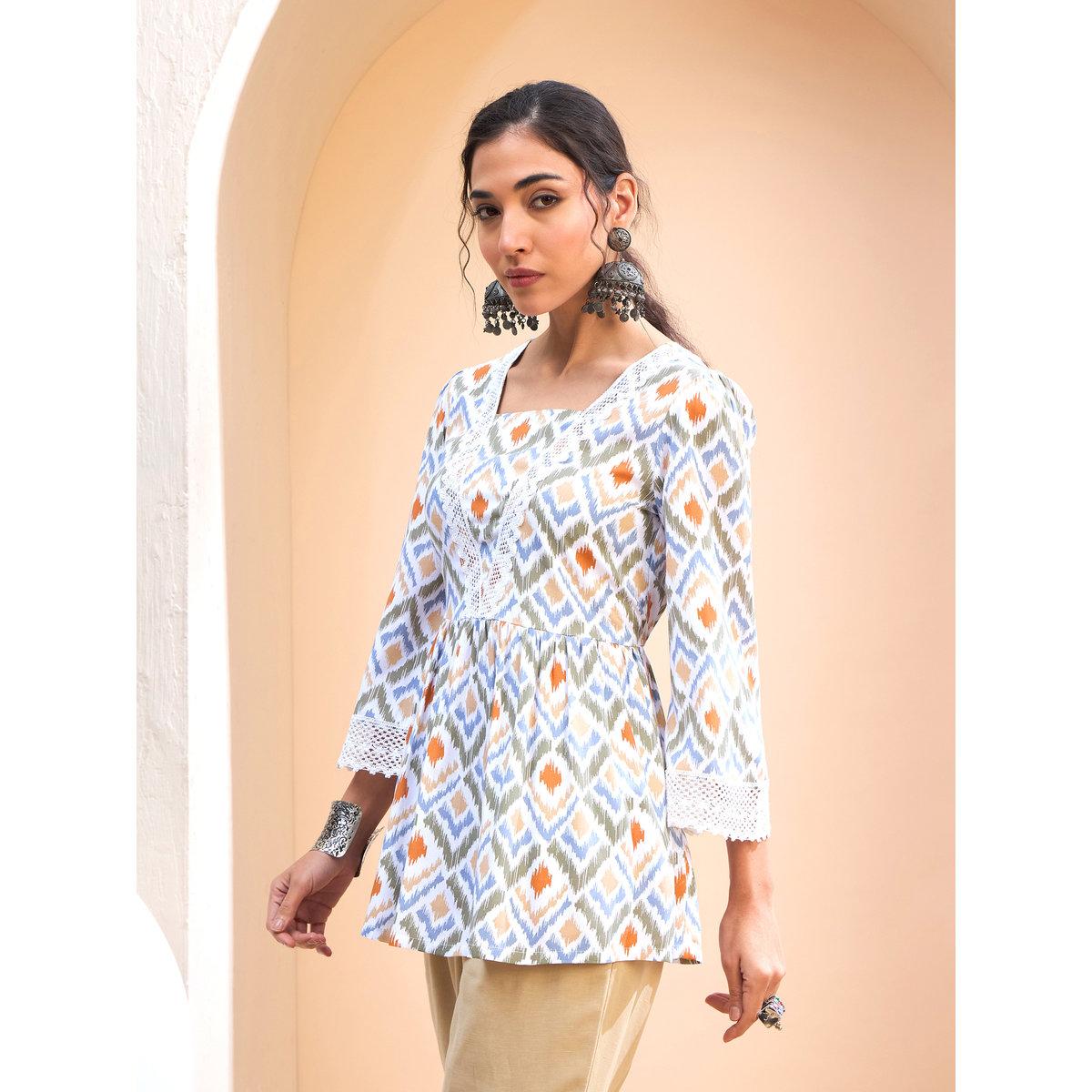 Sassafras White Geometric Print Peplum Kurti-women-clothing-ethnicwear-kurtas-image-3