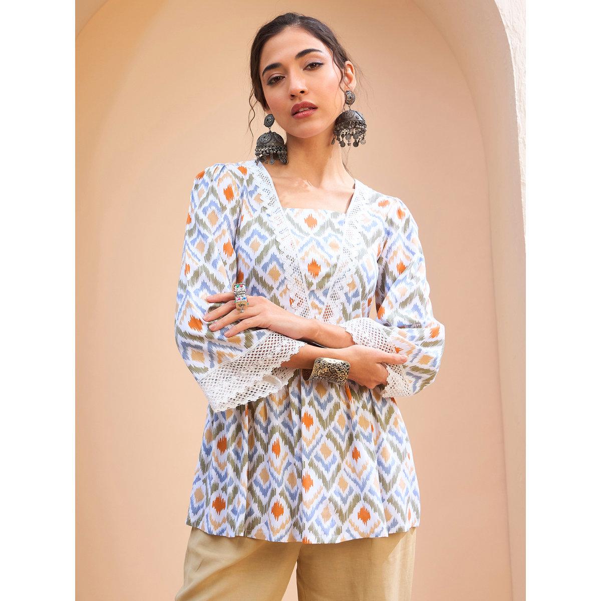 Sassafras White Geometric Print Peplum Kurti-women-clothing-ethnicwear-kurtas-image-6