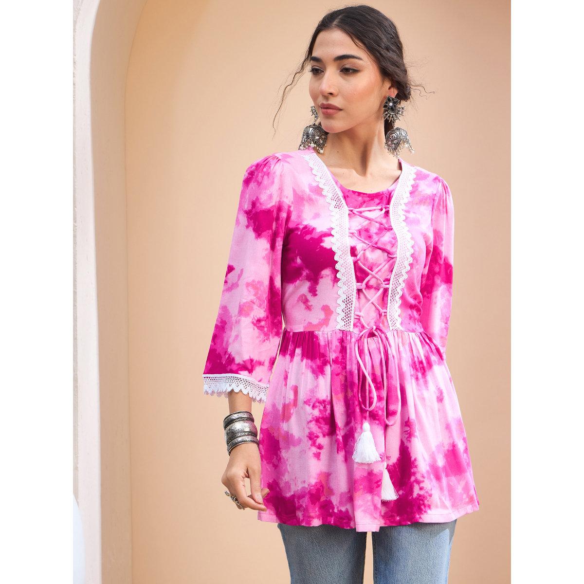 كورتي بطبعة تاي داي وتفاصيل كروس-women-clothing-ethnicwear-kurtas-image-1