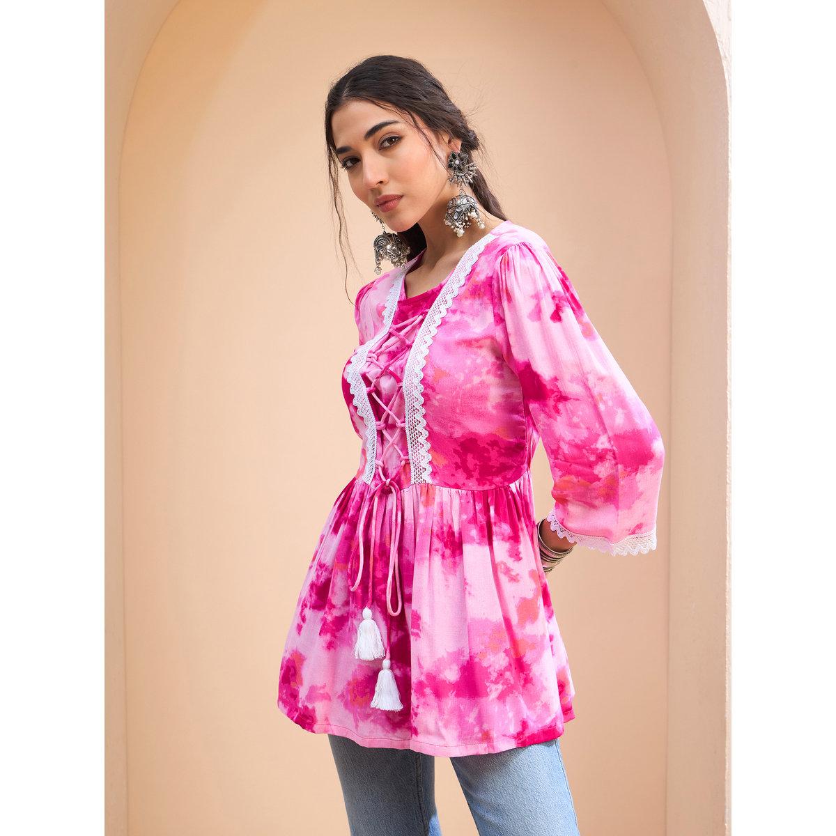 كورتي بطبعة تاي داي وتفاصيل كروس-women-clothing-ethnicwear-kurtas-image-3
