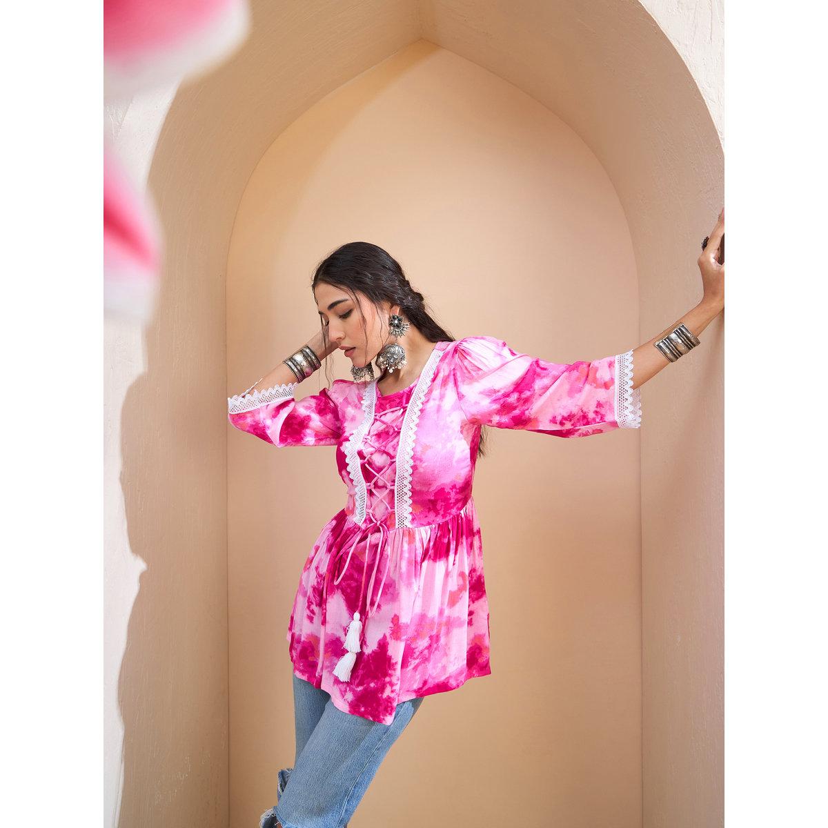 كورتي بطبعة تاي داي وتفاصيل كروس-women-clothing-ethnicwear-kurtas-image-7