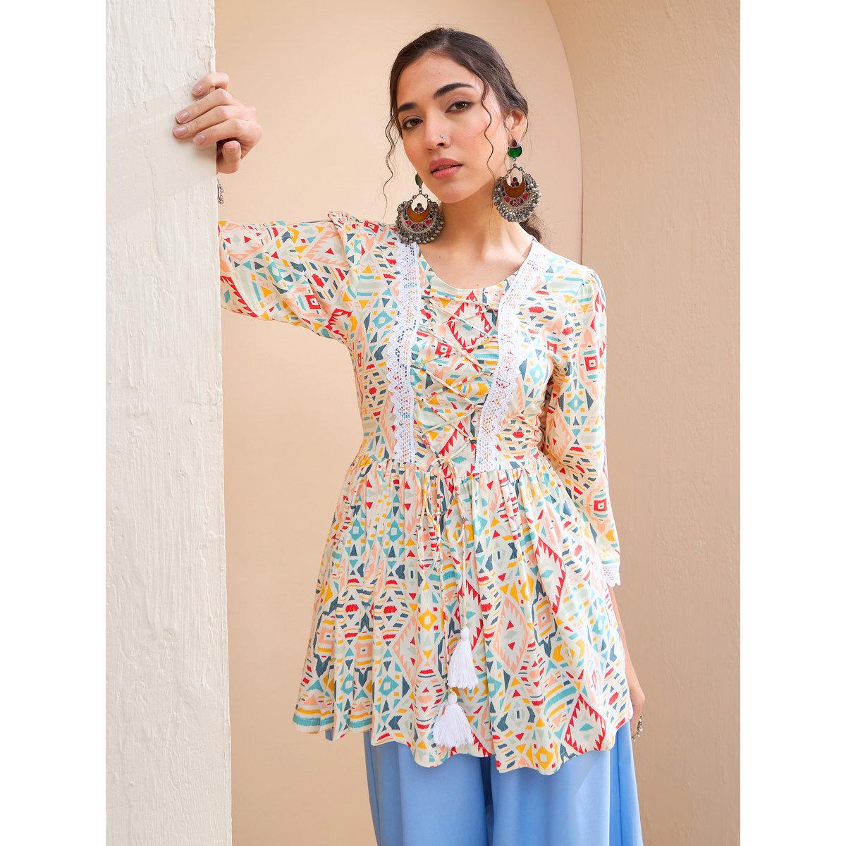 Sassafras Multi Geometric Print Peplum Kurti-women-clothing-ethnicwear-kurtas-image-1