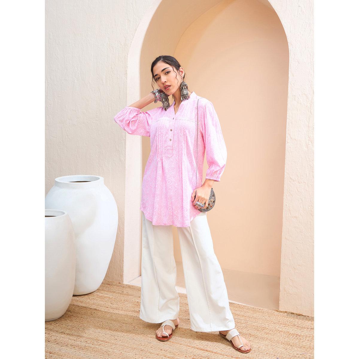 Sassafras Pink Floral Pintuck Detail Shirt-women-clothing-ethnicwear-kurtas-image-2