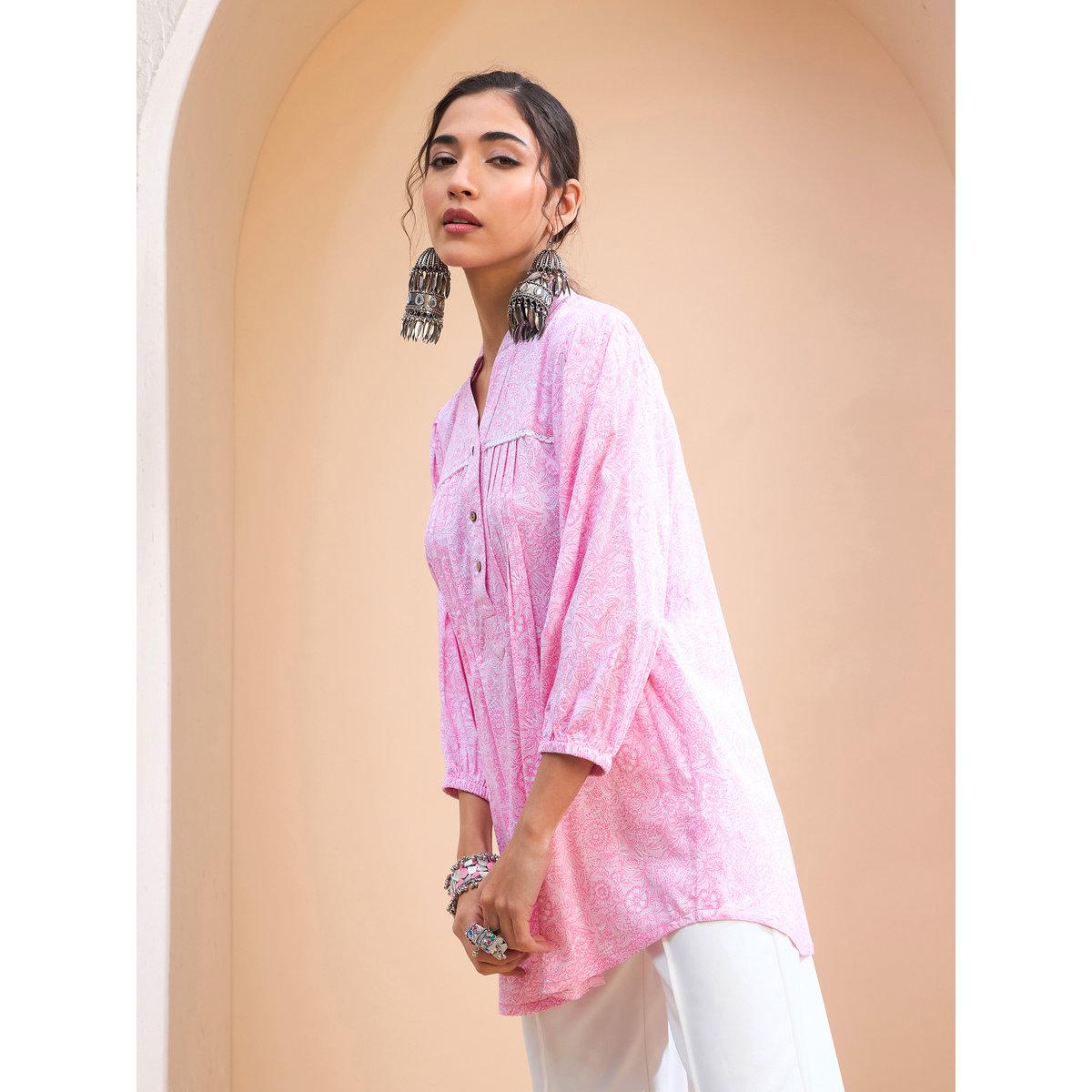 Sassafras Pink Floral Pintuck Detail Shirt-women-clothing-ethnicwear-kurtas-image-3