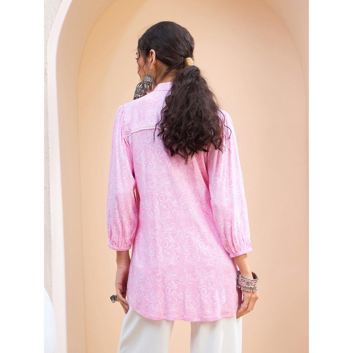 Sassafras Pink Floral Pintuck Detail Shirt-women-clothing-ethnicwear-kurtas-image-5