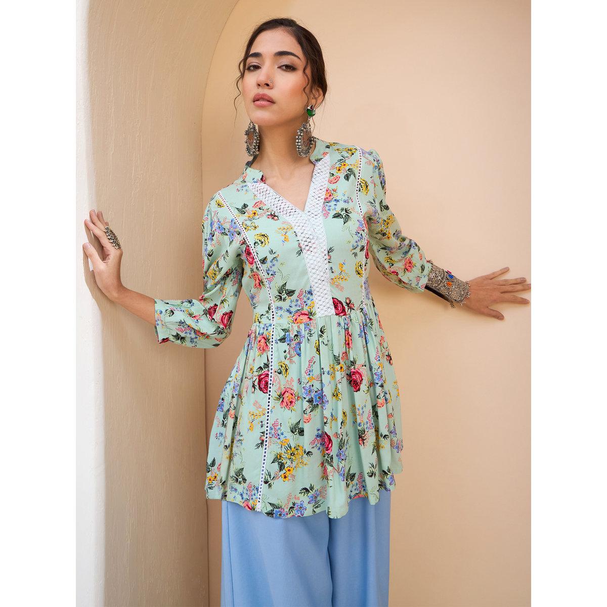 Sassafras Green Floral Front Lace Peplum Kurti-women-clothing-ethnicwear-kurtas-image-1