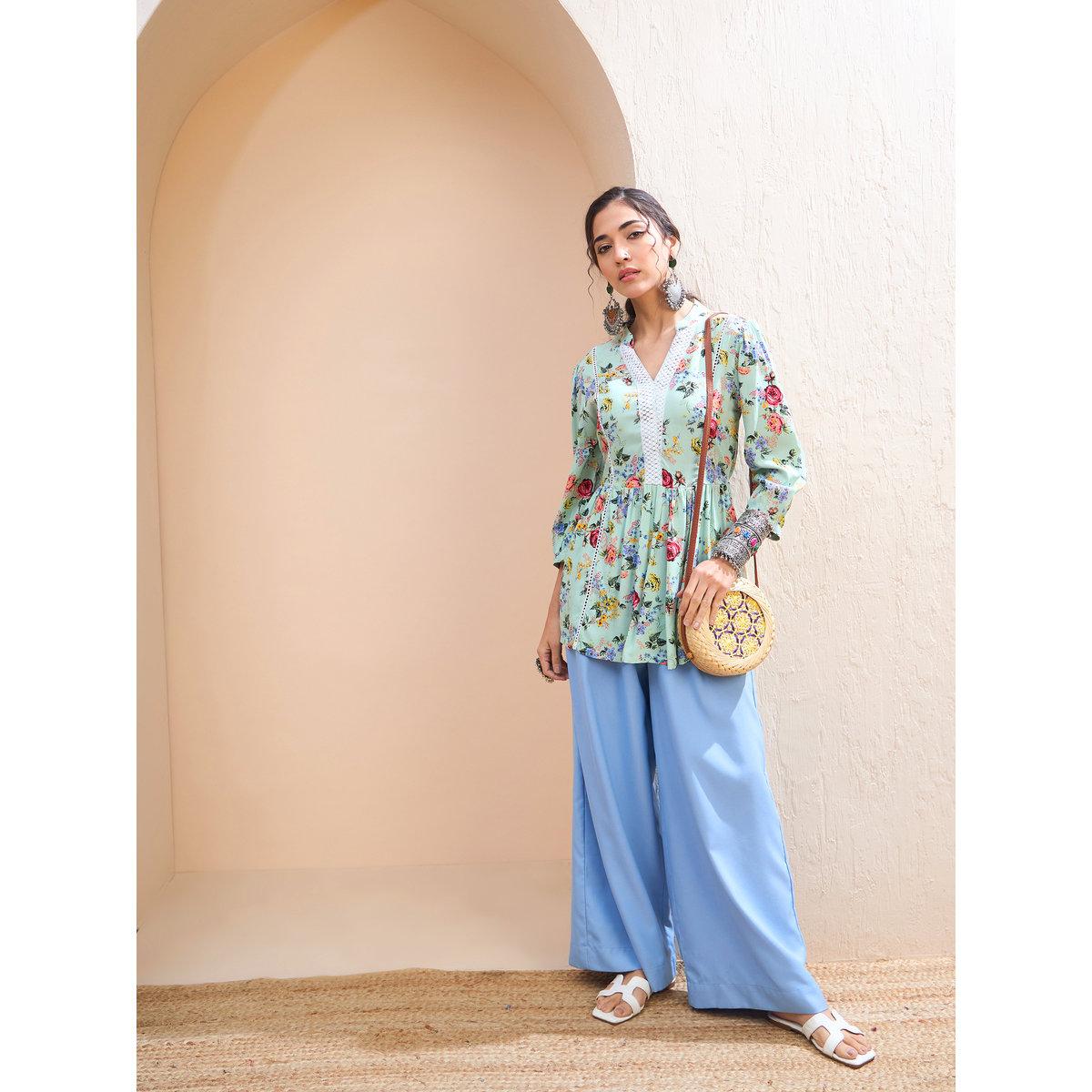 Sassafras Green Floral Front Lace Peplum Kurti-women-clothing-ethnicwear-kurtas-image-2