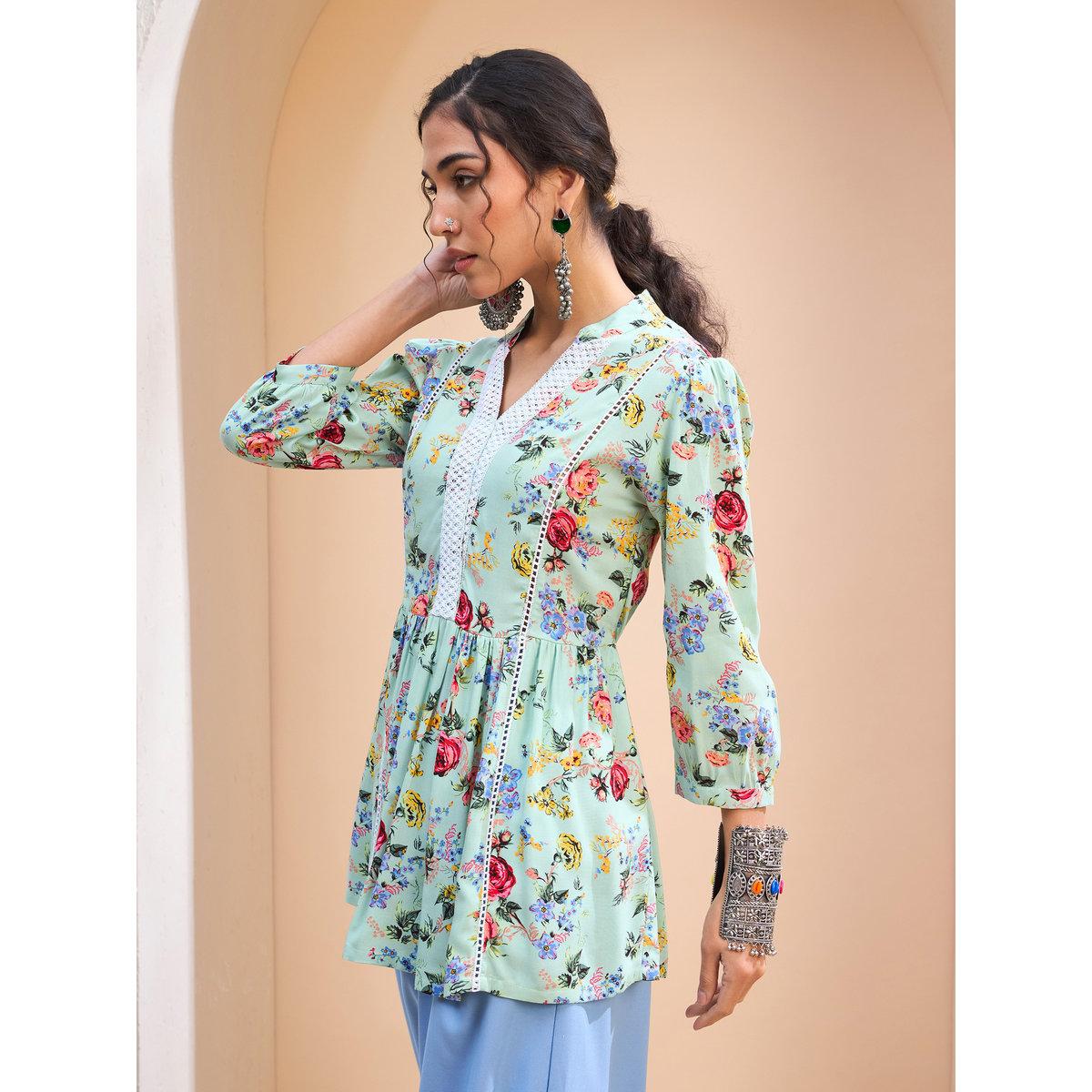 Sassafras Green Floral Front Lace Peplum Kurti-women-clothing-ethnicwear-kurtas-image-3
