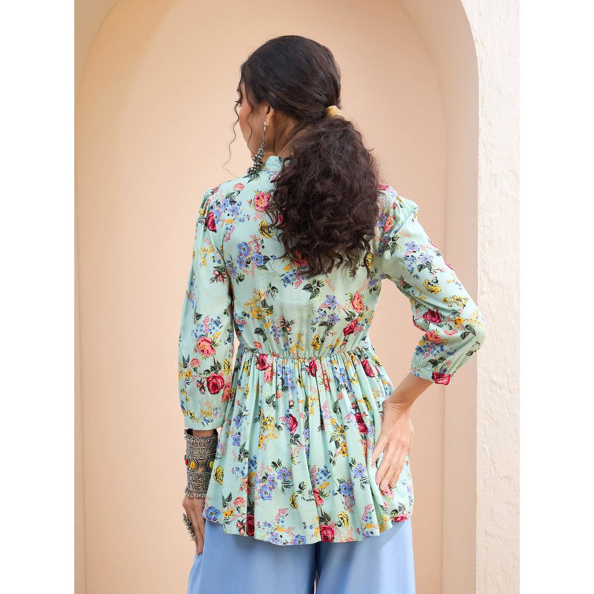 Sassafras Green Floral Front Lace Peplum Kurti-women-clothing-ethnicwear-kurtas-image-5