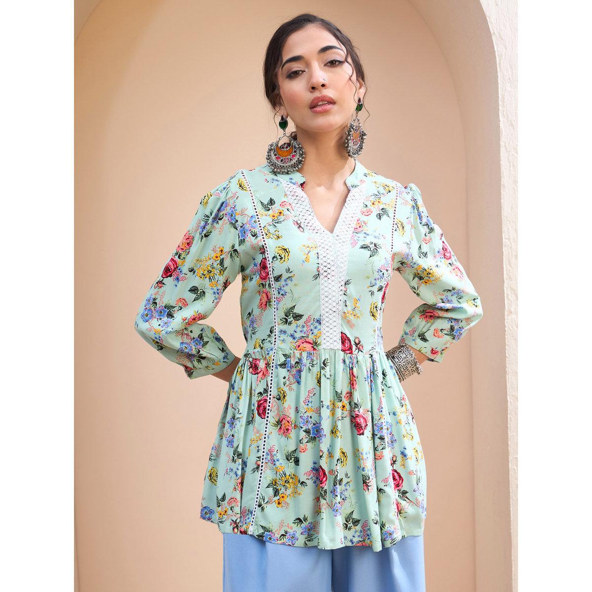 Sassafras Green Floral Front Lace Peplum Kurti-women-clothing-ethnicwear-kurtas-image-6
