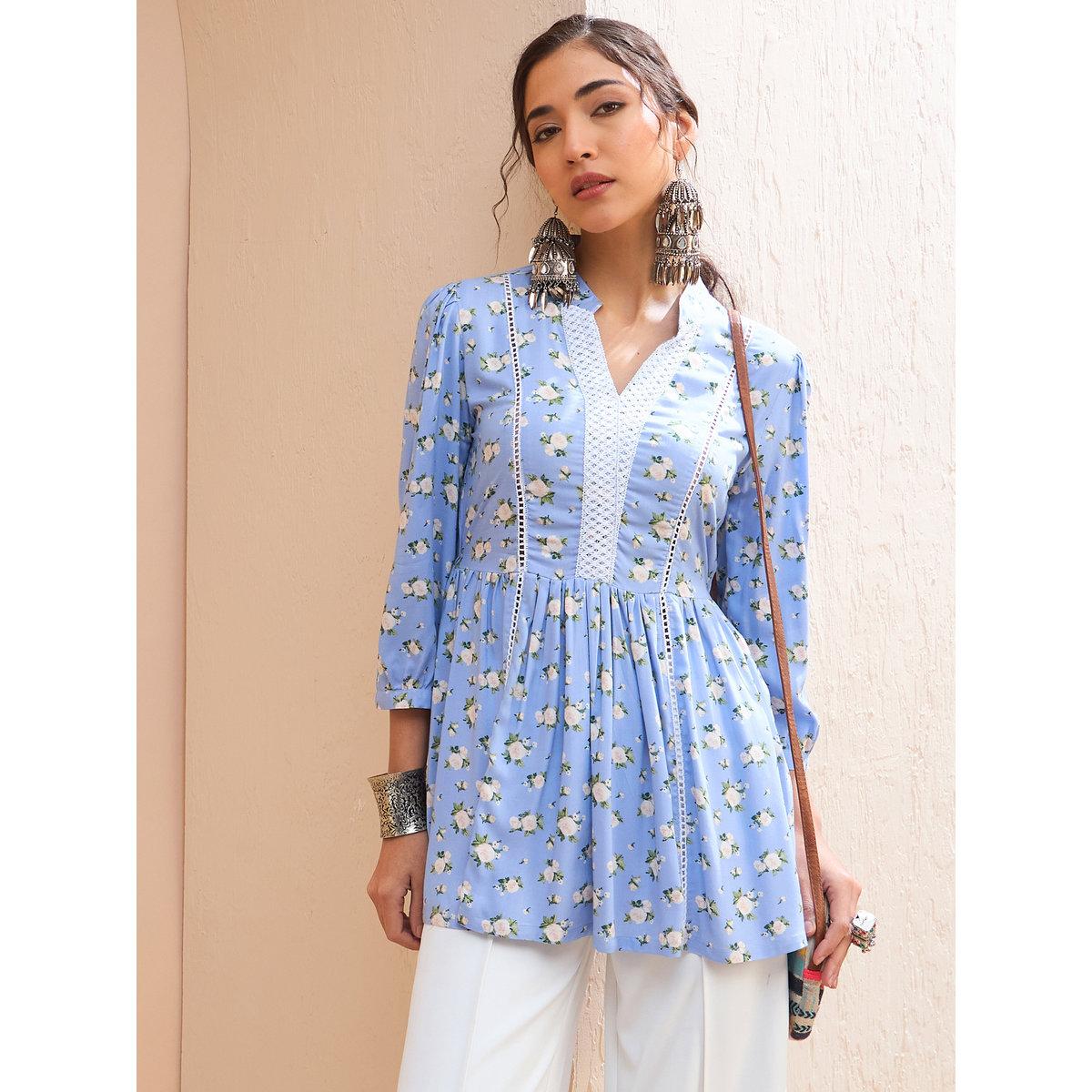كورتي بطبعة زهور وتفاصيل دانتيل-women-clothing-ethnicwear-kurtas-image-1