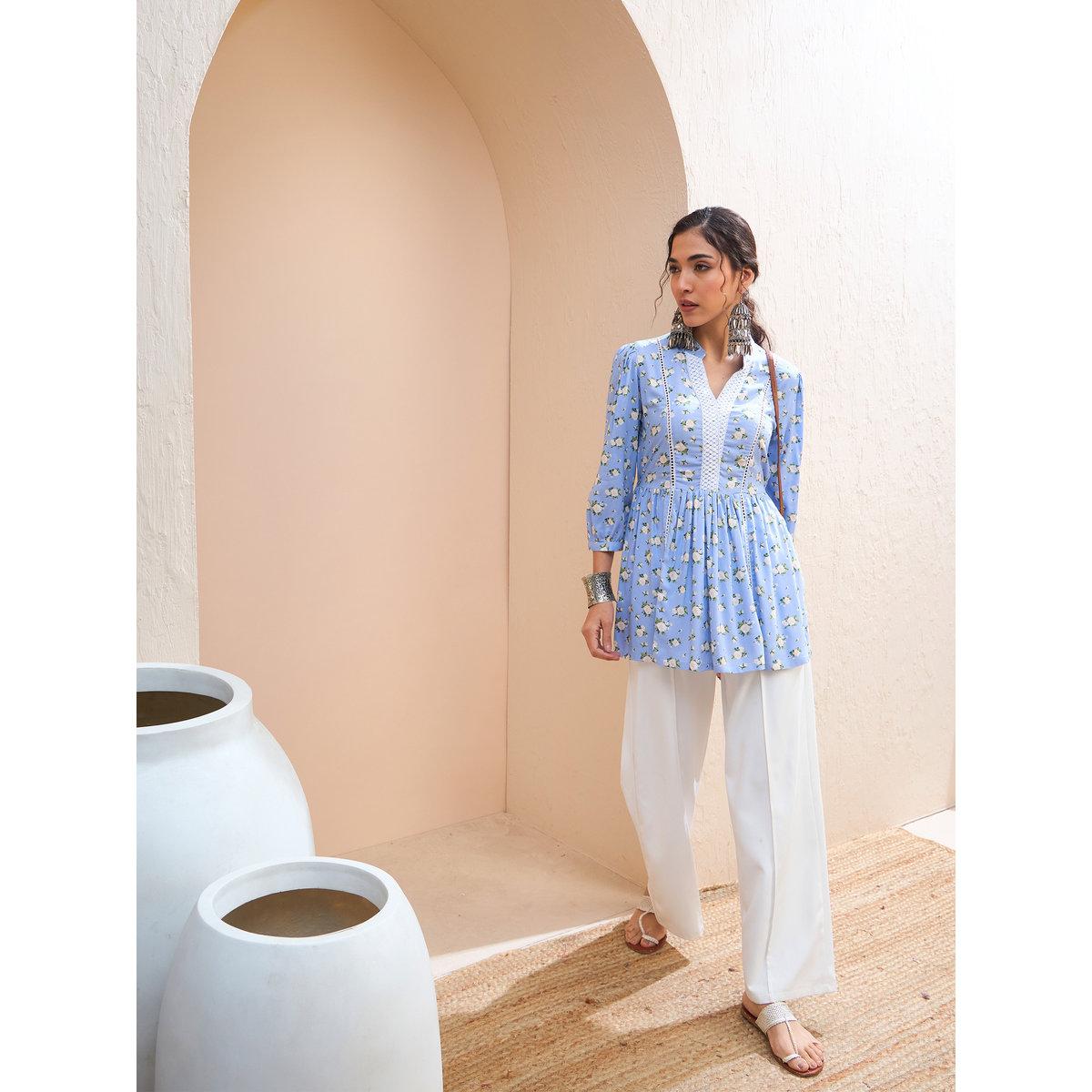 Sassafras Blue Floral Front Lace Peplum Kurti-women-clothing-ethnicwear-kurtas-image-2