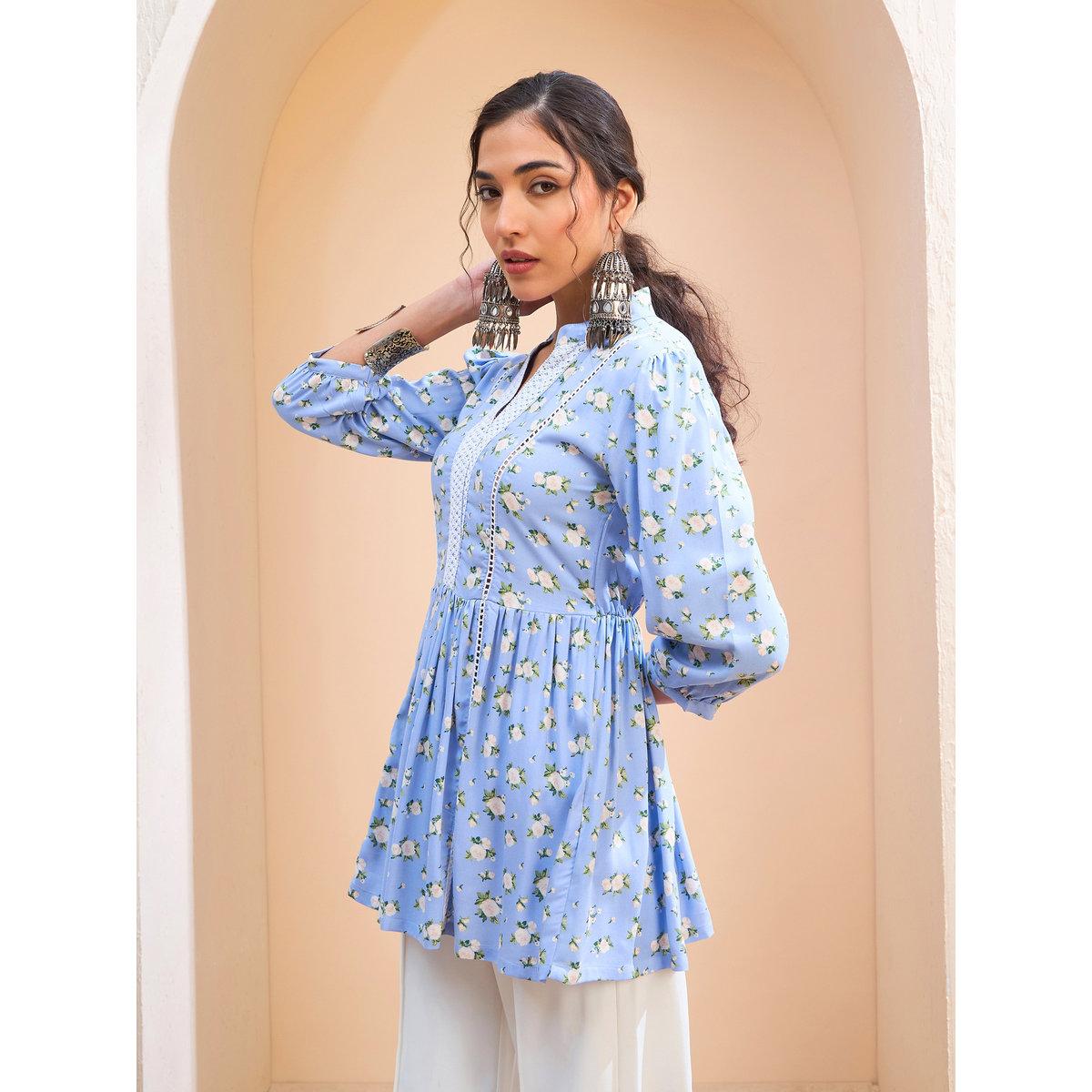 Sassafras Blue Floral Front Lace Peplum Kurti-women-clothing-ethnicwear-kurtas-image-3