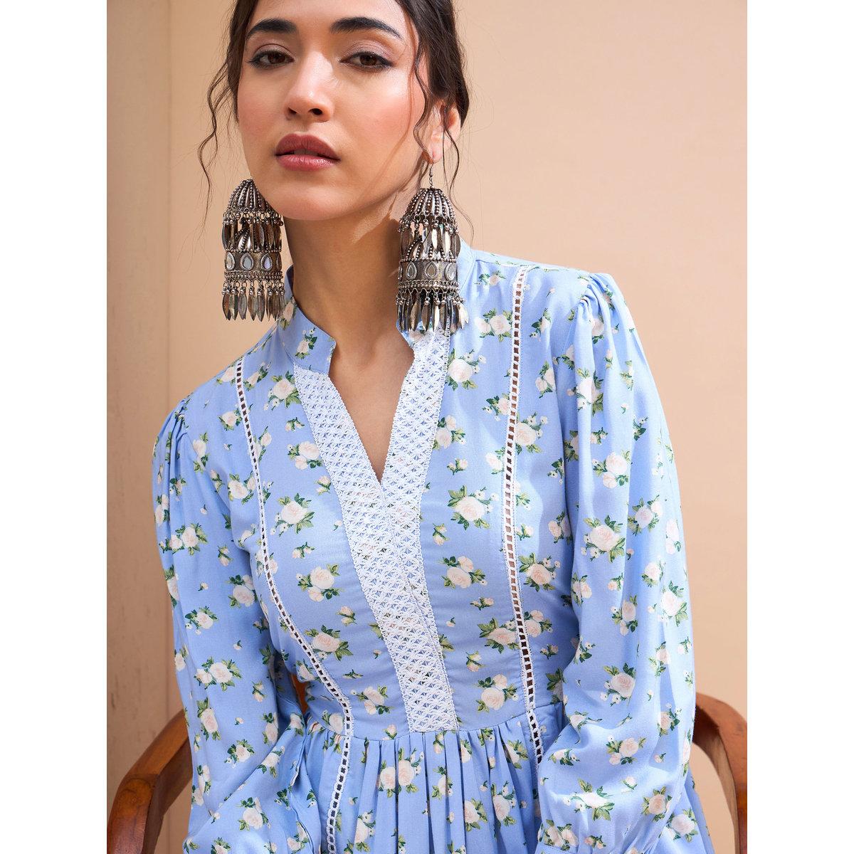 Sassafras Blue Floral Front Lace Peplum Kurti-women-clothing-ethnicwear-kurtas-image-4