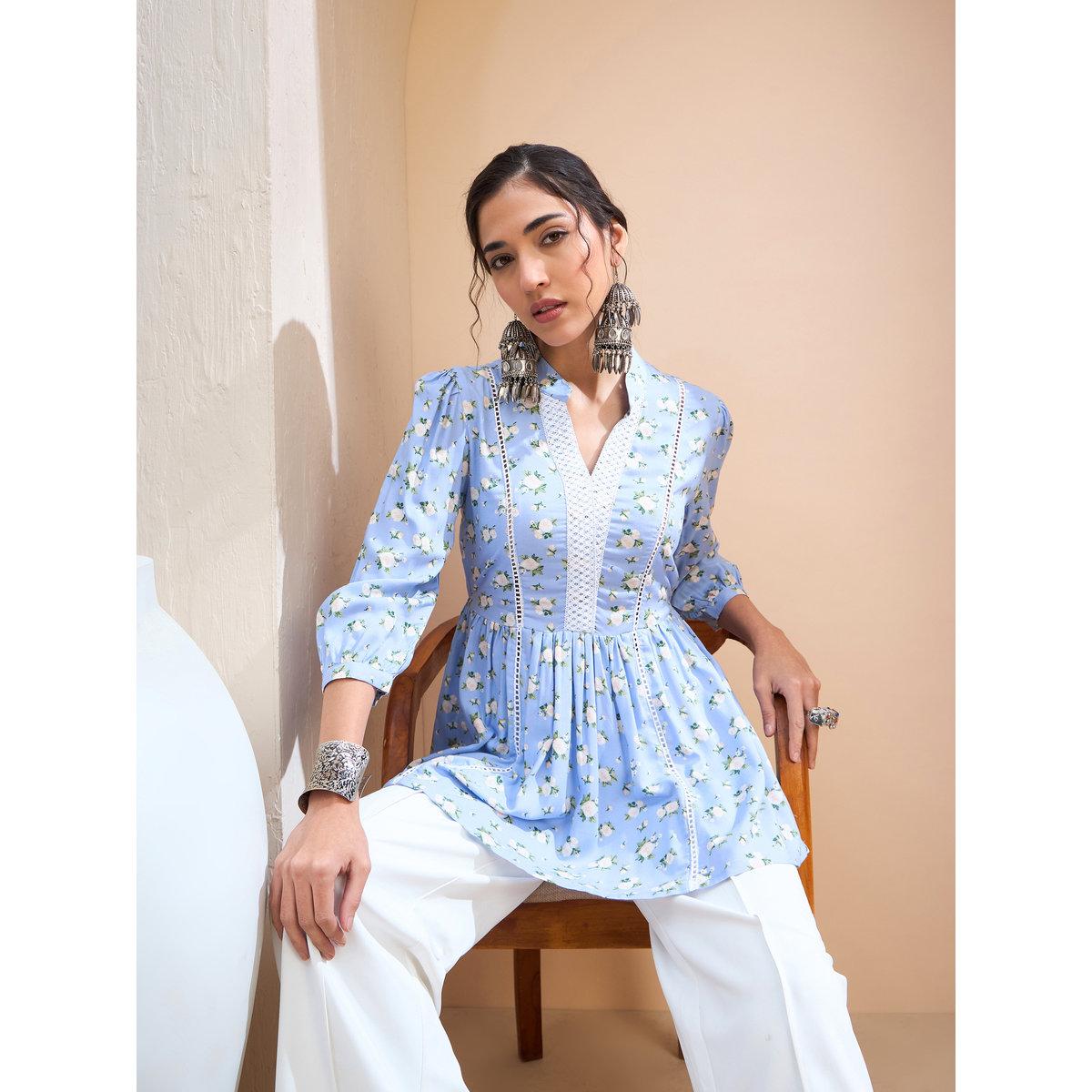 Sassafras Blue Floral Front Lace Peplum Kurti-women-clothing-ethnicwear-kurtas-image-6