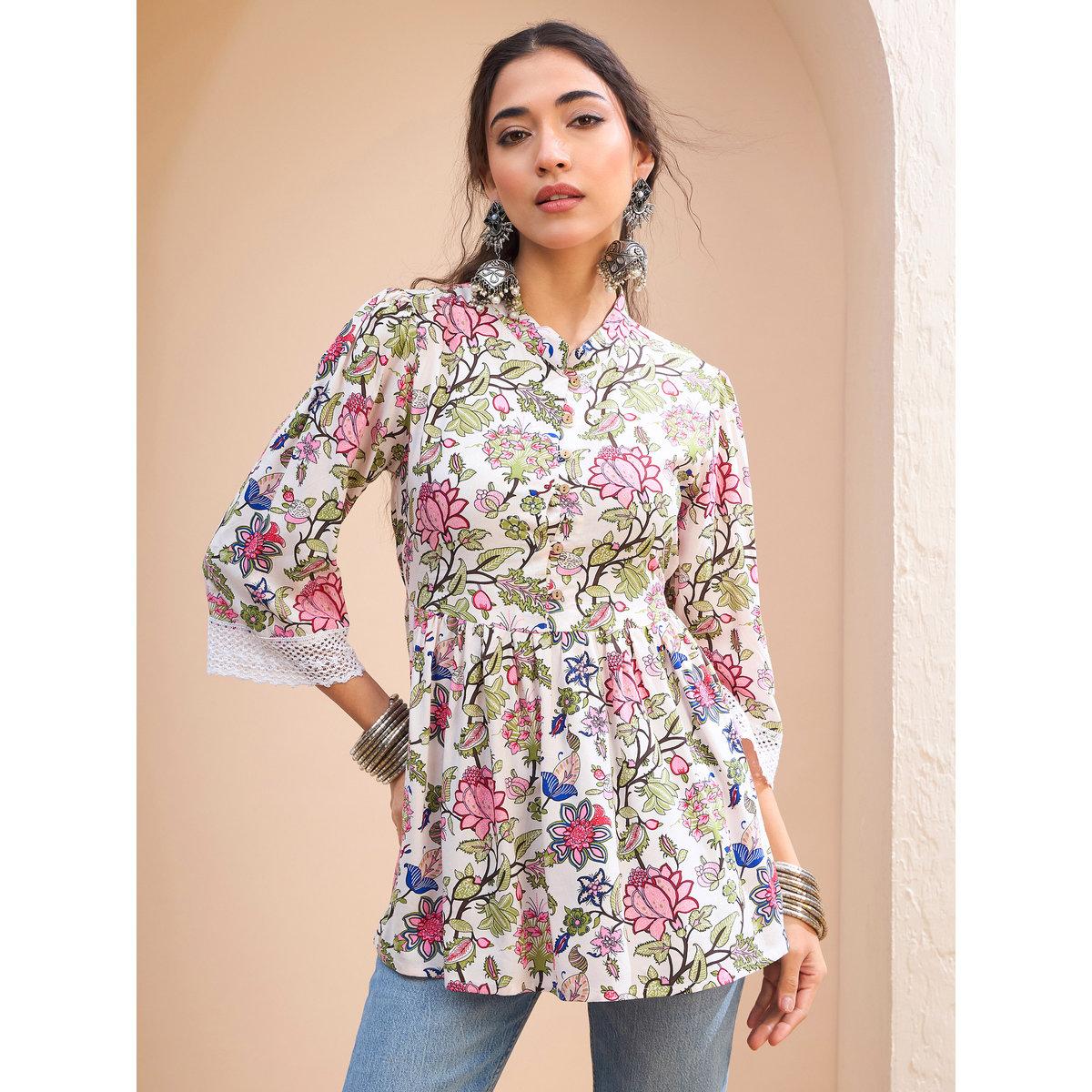 Sassafras White Floral Buttoned Gathered Kurti-women-clothing-ethnicwear-kurtas-image-1