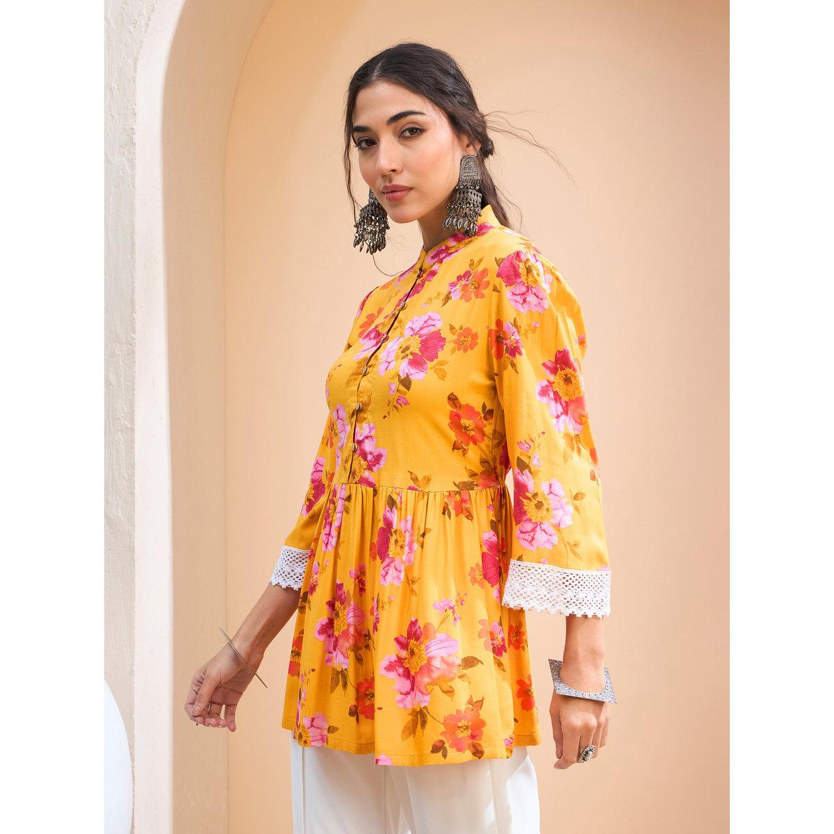 Sassafras Yellow Floral Buttoned Gathered Kurti-women-clothing-ethnicwear-kurtas-image-3