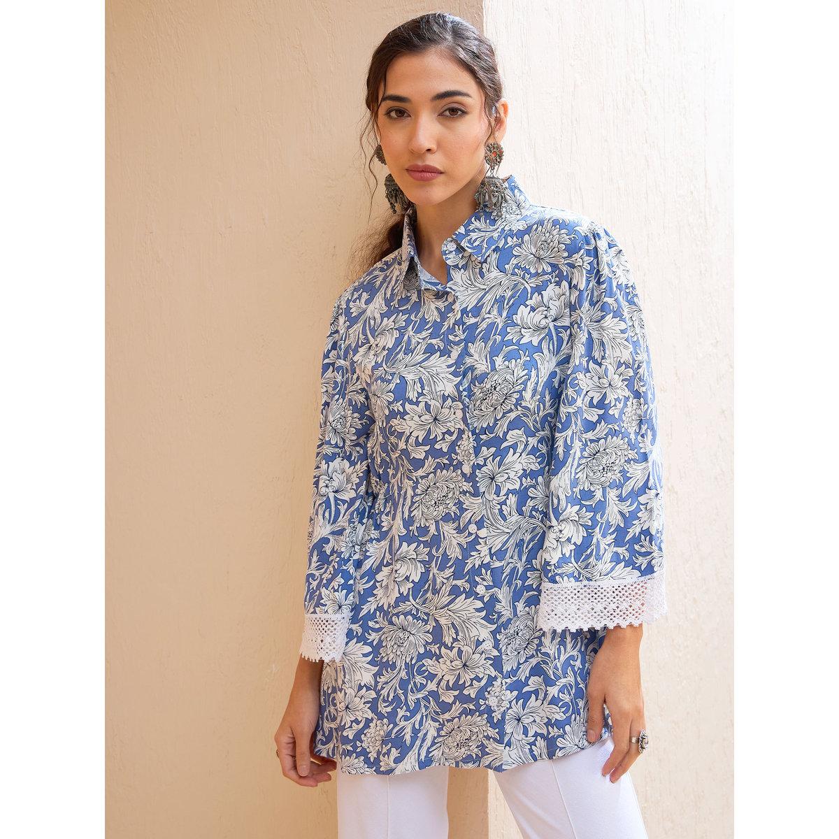 Sassafras Blue Floral Buttonned Collar Neck Kurti-women-clothing-ethnicwear-kurtas-image-1