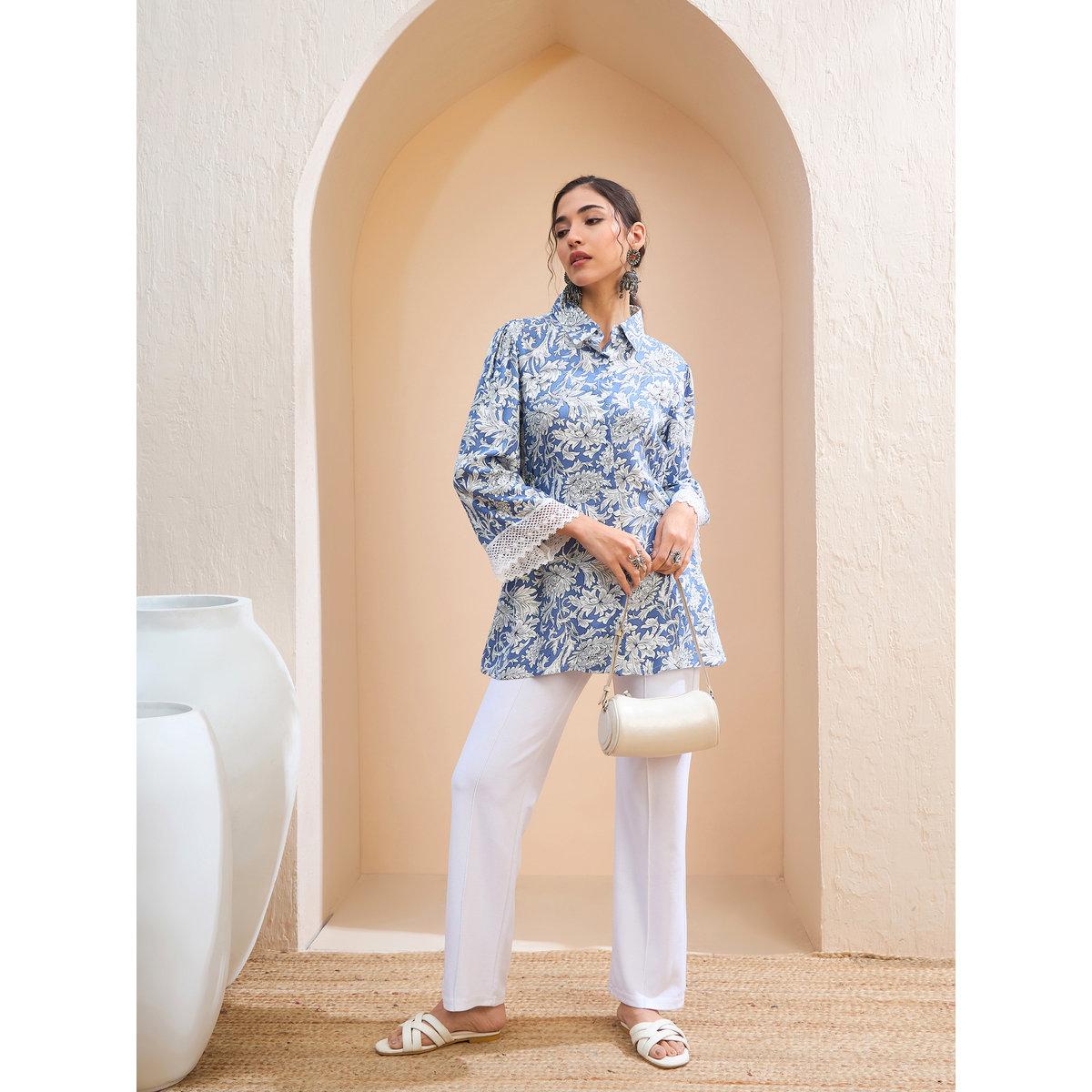 Sassafras Blue Floral Buttonned Collar Neck Kurti-women-clothing-ethnicwear-kurtas-image-2