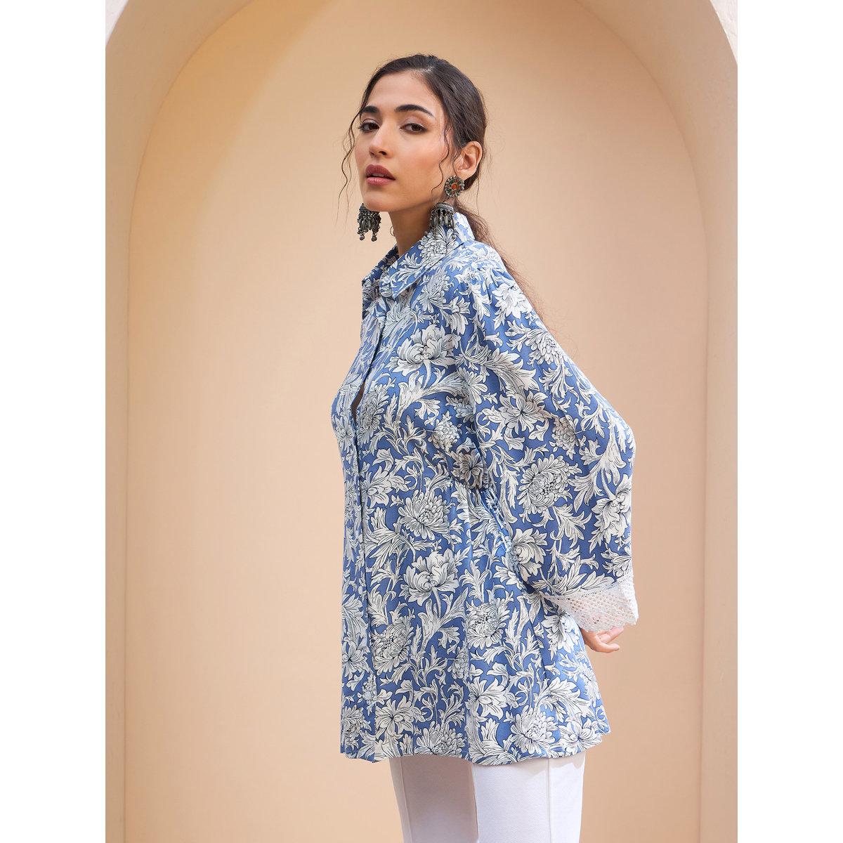 Sassafras Blue Floral Buttonned Collar Neck Kurti-women-clothing-ethnicwear-kurtas-image-3